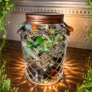 “Green Machine” Mystery Jewelry Jar with Green Beads, Stones, and Sparkly Things